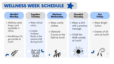 Wellness week this week is being put on by our counselors! Be sure to pick up a Wellness Week Bingo card from the counseling office! 